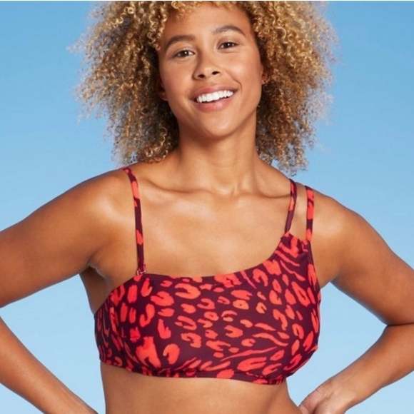 Shade & Shore M (8-10) One Shoulder Top and Cheeky Bikini Bottom orange/burgundy - Picture 2 of 6